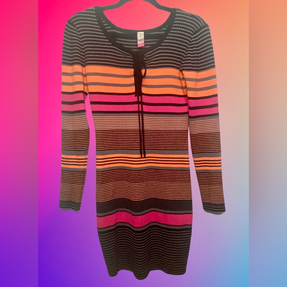 No Boundaries Orange, Pink, & Black Striped Long Sleeve Midi Dress - Size XL